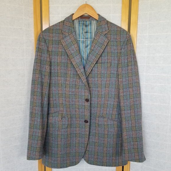 Men's Tweed Plaid Sport Coat Size US 40 Kuhlman Two-Button Smokey Blue 100% Wool - Picture 1 of 12